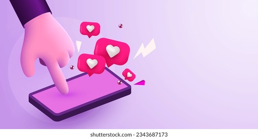 Cute cartoon hand touch mobile smartphone with Likes notification icons. Social media and marketing concept. Vector illustration
