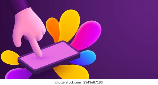 Cute cartoon hand touch mobile smartphone with color explosion. Touching screen with finger. Vector illustration