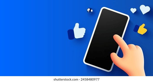 Cute cartoon hand touches mobile smartphone with Likes notification icons. Social media and marketing concept. Vector illustration