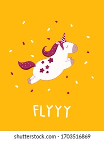 Cute cartoon hand-drawn flying unicorn in burgundy white colors. Funny card with a unicorn.Flat vector stock illustration.