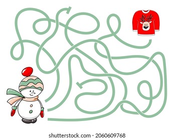 Cute cartoon handdrawn snowman maze game. Labyrinth. Funny game for children education. Vector illustration

