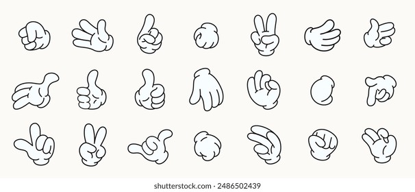 Nette Cartoon Hände Vektorgrafik. Retro Doodle Arme mit verschiedenen Gesten isolierte Illustration Icons gesetzt. Zeige Zahlen, Zeige mit dem Finger für Maskottchen und Design-Dekoration. 