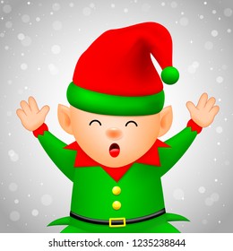 Cute cartoon happiness little elf. Merry Christmas and Happy New Year. Illustration on winter background.