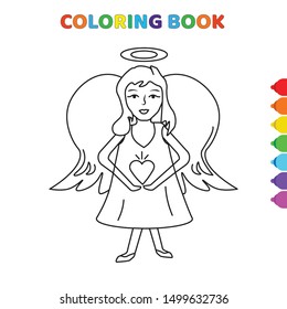 cute cartoon happy angel takes heart in hand coloring book for kids. black and white vector illustration for coloring book. happy angel takes heart in hand concept hand drawn illustration