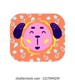 Cute cartoon happy animal sticker. Smiling dog in bright colors. Happy puppy illustration.