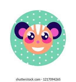 Cute cartoon happy animal sticker. Fantasy creature in bright colors and circle backdrop.