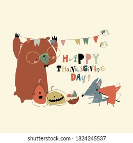 Cute cartoon happy animals celebrating Thanksgiving day