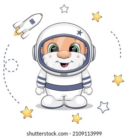 Cute cartoon happy astronaut with stars and spaceship. Space vector illustration on white background.