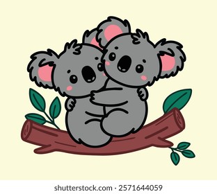 Cute Cartoon Happy Baby Koala Hug set illustration. Vector cliparts