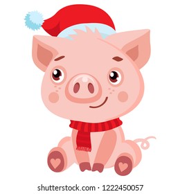 Cute Cartoon Happy Baby Pig In Santa Hat Isolated On White Background. Christmas And New Year Vector Icon. Cute Funny Cartoon Character.