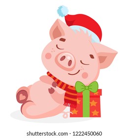 Cute Cartoon Happy Baby Pig In Santa Hat Isolated On White Background. Christmas And New Year Vector Icon. Cute Funny Cartoon Character. Santa Pig Sleeping On The Gift Box.