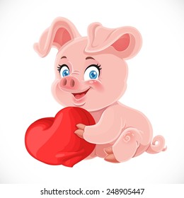 Cute cartoon happy baby pig hugging a soft red pillow heart isolated on a white background