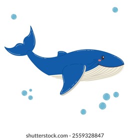 Cute cartoon happy big blue whale in flat style isolated on white background. Cheerful wild ocean animal.