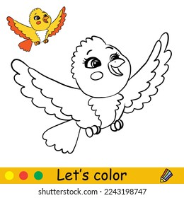 Cute cartoon happy bird. Coloring book page with color template for children. Vector cartoon illustration isolated on white background. For coloring book, education, print, game.