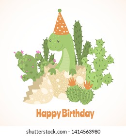 Cute cartoon happy birthday card with baby dinosaur hatching from egg. Little dino for t-shirt, kids apparel, poster, nursery or etc. Vector illustration.