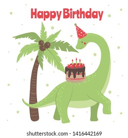 Cute cartoon happy birthday card with dinosaur and cake. Little dino for t-shirt, kids apparel, poster, nursery or etc. Vector illustration.