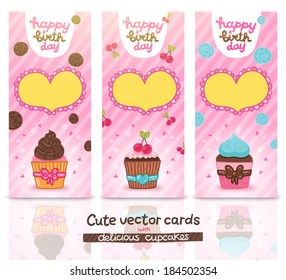 Cute cartoon Happy Birthday card set with cupcake. Holiday vector background