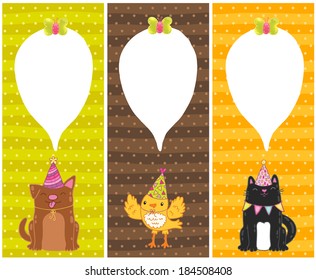cute cartoon Happy Birthday cards with dog, cat, bird