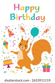 Cute cartoon happy birthday party squirrel postcard,banner,for stickers,posters, prints and banners.