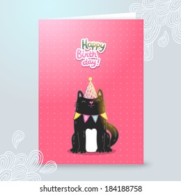 Cute cartoon Happy Birthday postcard template with a cat. 
