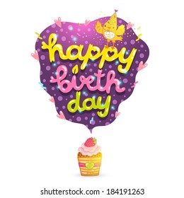 Cute cartoon Happy Birthday postcard template with cupcake. 