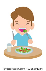 Cute Cartoon Happy Boy Eating Salad Stock Vector (Royalty Free ...