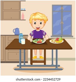 Cute cartoon happy boy eating Healthy Fruits and vegetable food. Children enjoy eating delicious meal for breakfast or lunch. Little boy eating fruits at the table. cute kid eat salad vegetable fruits