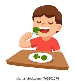 Cute cartoon happy boy eating broccoli. Healthy vegetable food and children vector illustration.