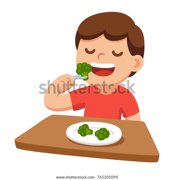 Leuke Cartoon Gelukkige Jongen Eten Broccoli Stockvector Rechtenvrij
