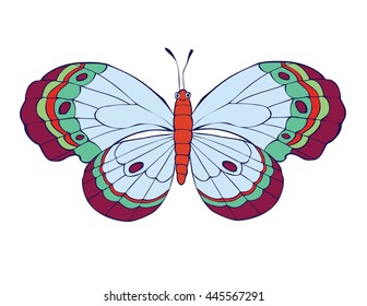 Cute cartoon happy butterfly isolated on white background. Art vector illustration.