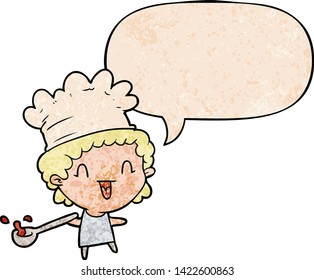 cute cartoon happy chef with speech bubble in retro texture style