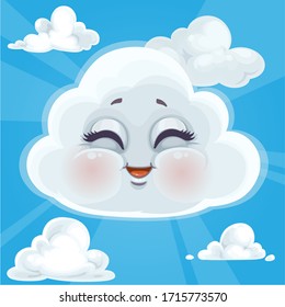 Cute cartoon happy cloud surrounded by a halo of glow on a background of blue sky and clouds