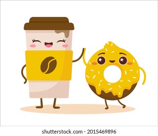 Cute cartoon happy coffee cup and donut with face. Flat vector illustration isolated on white. Can be used for coffee shop posters, menu, print, postcard. Funny food character. Sweet summer desserts