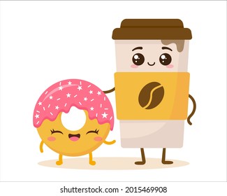 Cute cartoon happy coffee cup and donut with face. Flat vector illustration isolated on white. Can be used for coffee shop posters, menu, print, postcard. Funny food character. Sweet summer desserts