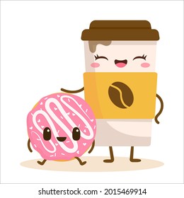Cute cartoon happy coffee cup and donut with face. Flat vector illustration isolated on white. Can be used for coffee shop posters, menu, print, postcard. Funny food character. Sweet summer desserts