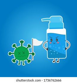 Cute cartoon of happy confident hand sanitizer gel is standing and hand akimbo looking at coronavirus. Green virus is show white flag to the sanitizer gel sign to retreat. Concept of win coronavirus.