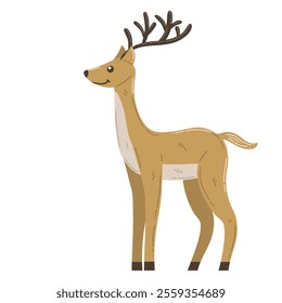 Cute cartoon happy deer with horns in flat style. Merry Christmas symbolic animal.