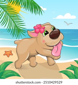 Cute cartoon happy dog on the beach. Summer vector illustration with sea, palm trees and sun.