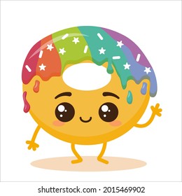 Cute cartoon happy donut with face. Flat vector illustration isolated on white background. Can be used for coffee shop posters, menu, print or postcard. Funny food character. Sweet summer desserts.