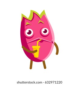 Cute cartoon happy dragon fruit drinking fruit juice from cup. Colorful character vector Illustration