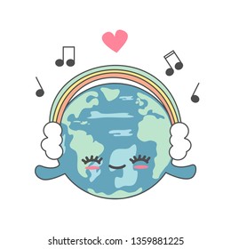 cute cartoon happy earth with rainbow headphones funny vector illustration