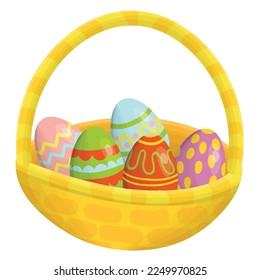 Cute cartoon Happy Easter basket with ornamental eggs isolated on white background. 