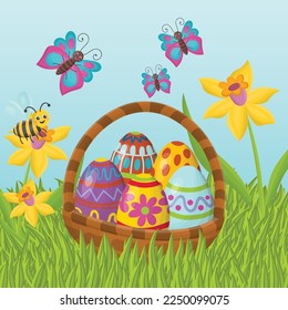 Cute cartoon Happy Easter basket with ornamental eggs on the grass, lawn with Narcissuses, bee and butterflies. 