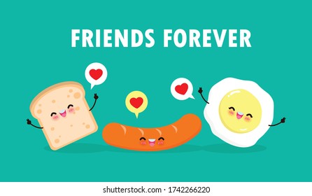 Cute cartoon Happy Egg, sausage, toast, Breakfast Funny characters Best friends Concept food and drink with friends forever poster Isolated on white background vector Illustration in flat style