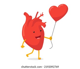 Cuta caricatura alegre personaje de corazón humano adornado con globo rojo. Expresar sentimientos de amor felicidad y alegría. Mascota de órganos circulatorios vectoriales. Gracioso símbolo feliz romántico ejemplo