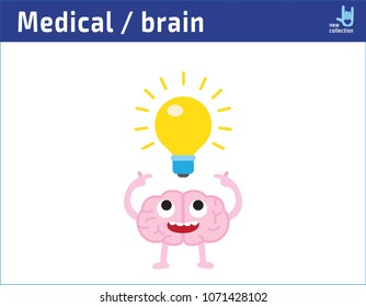 Cute cartoon happy face brain with having an idea.
lightbulb, creative idea drawing. inspiration,
icon character vector illustration.
medical healthy concept.