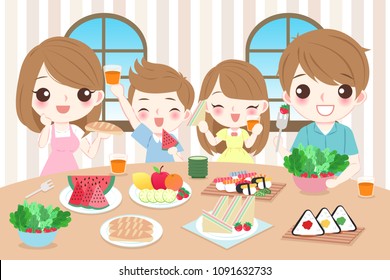 cute cartoon happy family eating food in the home