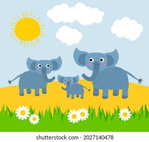 Cute cartoon happy family of elephants basking in the sun on a lawn with grass and daisies. Africa nature scene. Herd of elephants on a sunny day.