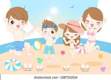 cute cartoon happy family on the beach