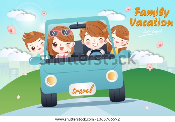 cute cartoon
happy family rides car on
journey